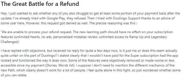 An image of Reddit post about battle with Duolingo for refund