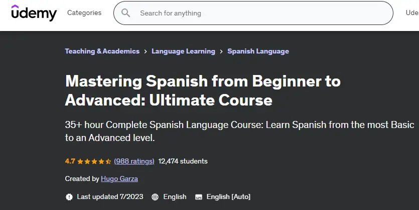 A snapshot from Udemy Mastering Spanish from Beginner to Advanced Ultimate course.