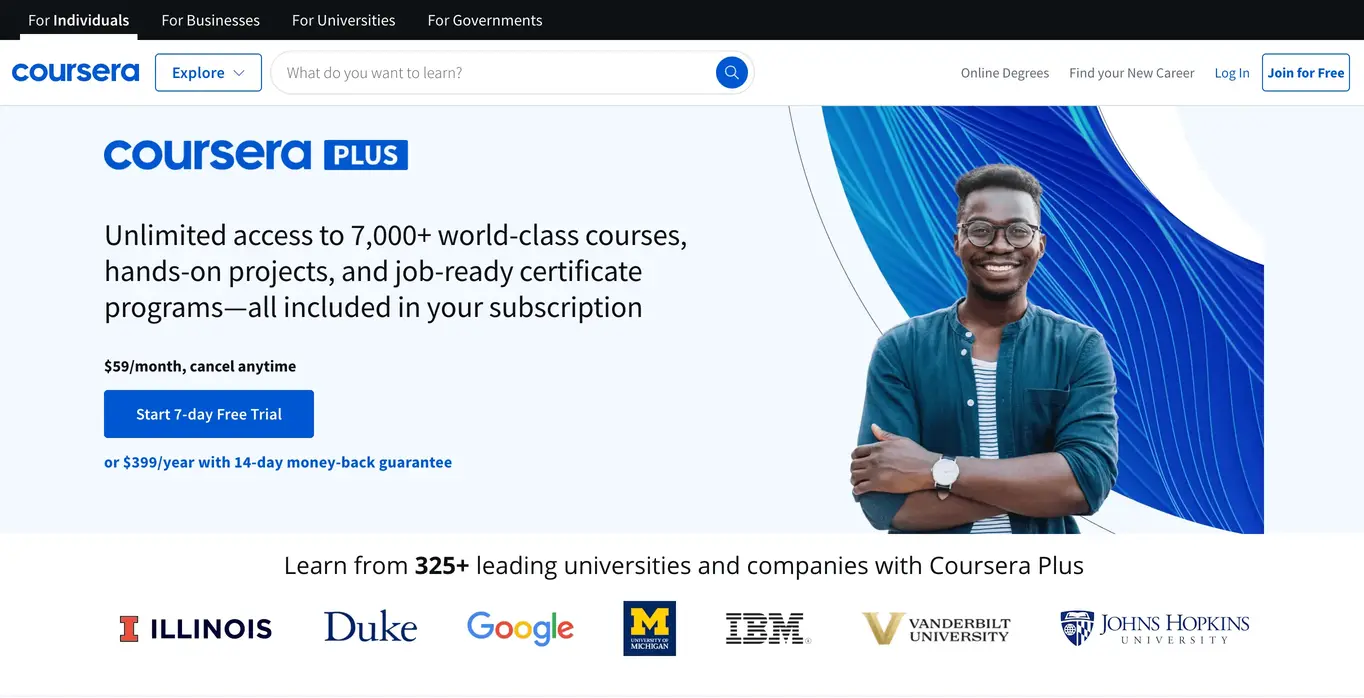 A snapshot of Coursera plus subscription pricing