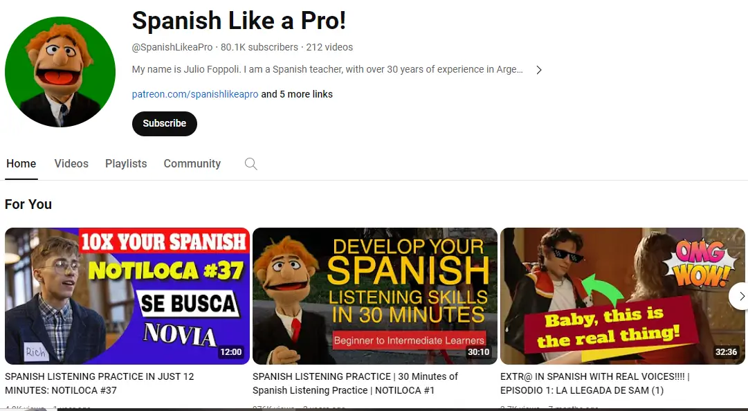 A snapshot from Spanish Like a Pro Youtube channel.