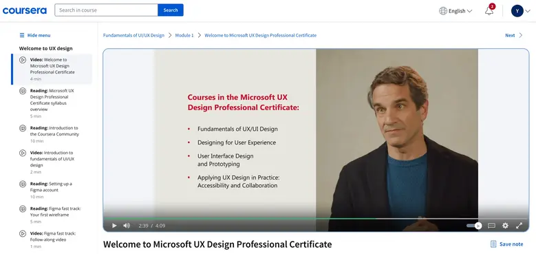 Screenshot from a video lesson inside Microsoft UX Design certification. 