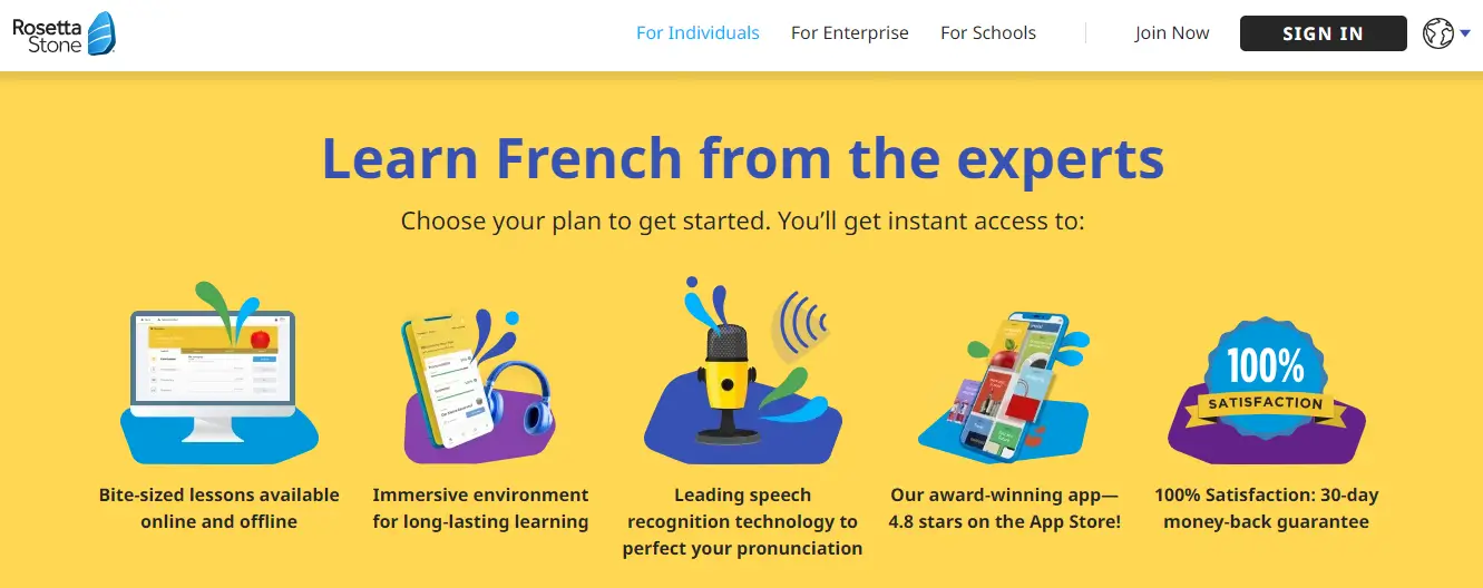 A snapshot from Rosetta Stone french learning webpage.