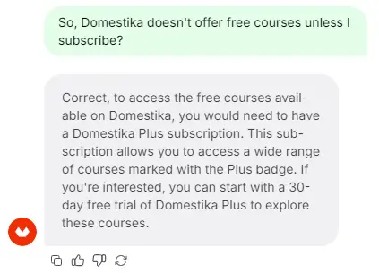 Availability of Domestika free courses discussion with its chatbot.