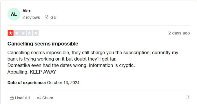 Review from another unhappy domestika user regarding subscription cancellation.