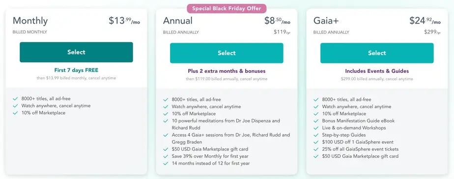 Gaia subscription plans with pricing details.